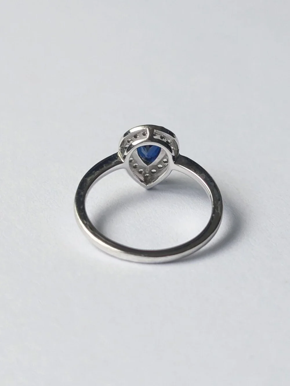 Sterling silver ring Pear shaped lab created blue white sapphire Rhodium JWBR